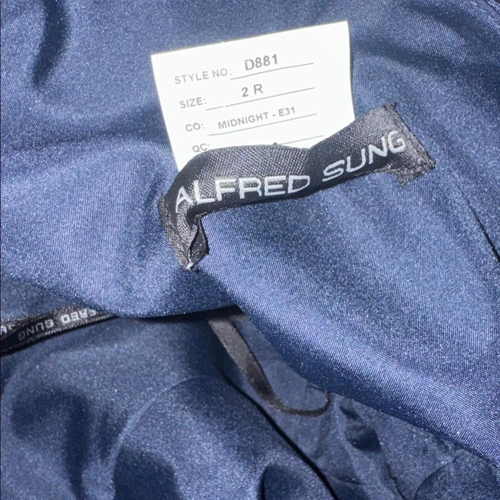 NEW Alfred Sung Strapless Bow Belt Satin Twill Column midnight blue Gown Sz 2 - Picture 7 of 8